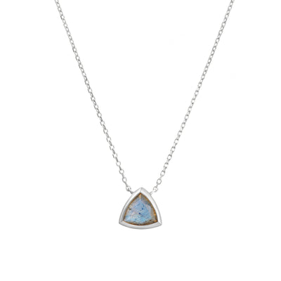 14k White Gold Necklace with Blue Labradorite in Triangle Shape on Chain Necklace with White Background