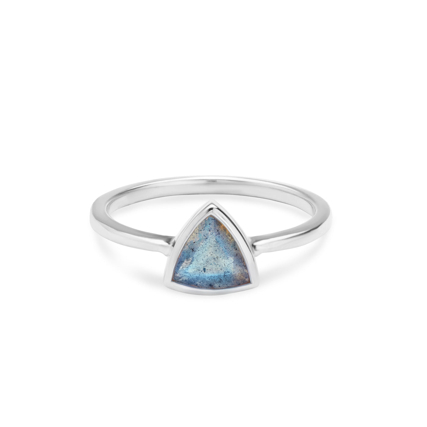 14k White Gold Ring with Blue Labradorite in Triangle Shape laying Flat on White Background