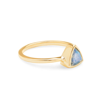 14k Yellow Gold Ring with Blue Labradorite in Triangle Shape laying Flat on White Background Turned for Side View