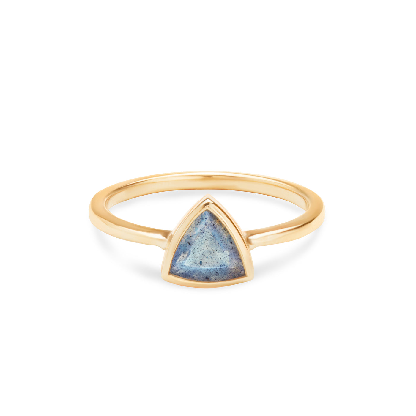 14k Yellow Gold Ring with Blue Labradorite in Triangle Shape laying Flat on White Background