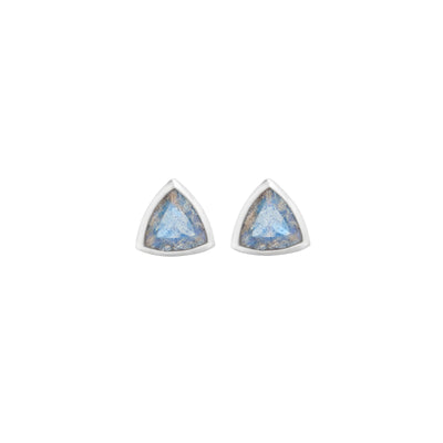14k White Gold Stud Earrings with Blue Labradorite in Triangle Shape laying Flat on White Background