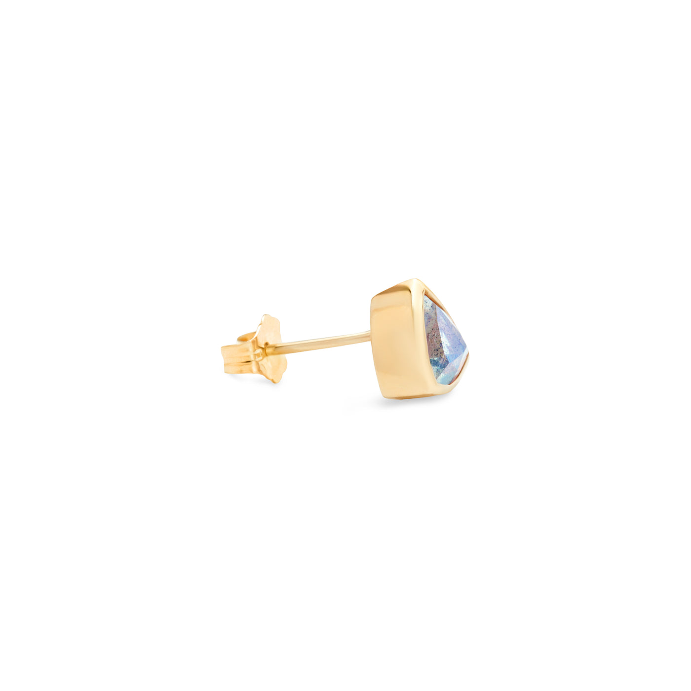 14k Yellow Gold Stud Earring with Blue Labradorite in Triangle Shape laying Flat on White Background Showing Side View