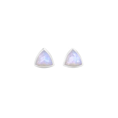 14k White Gold Stud Earrings with Moonstone in Triangle Shape Laying Flat on White Background