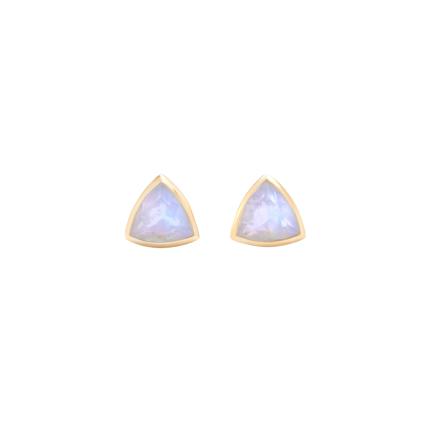 14k Yellow Gold Stud Earrings with Moonstone in Triangle Shape laying Flat on White Background