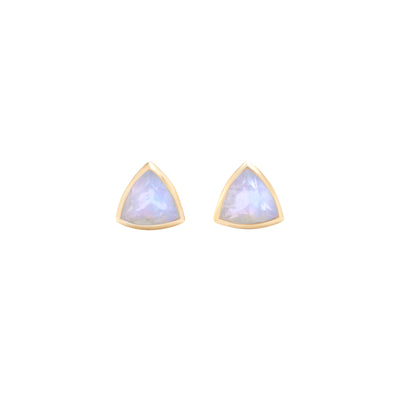 14k Yellow Gold Stud Earrings with Moonstone in Triangle Shape laying Flat on White Background