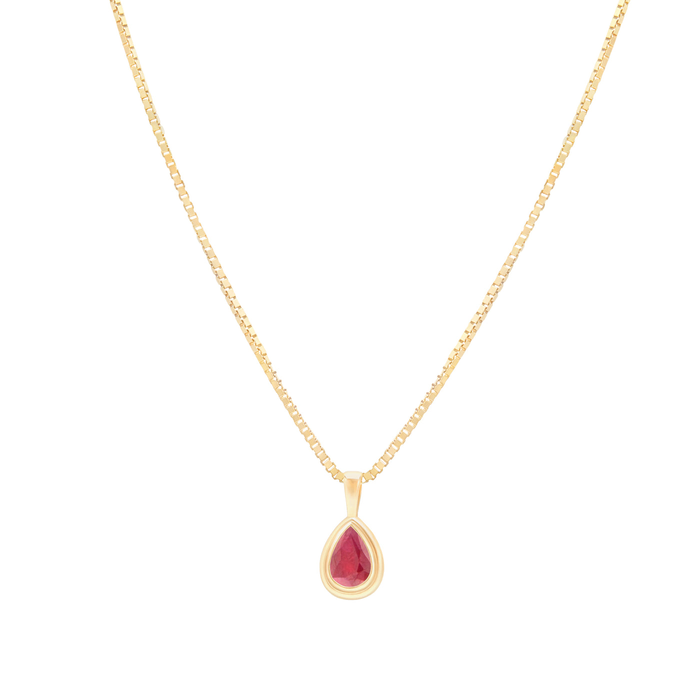 Ruby pear shaped pendant in yellow gold on box chain on white background