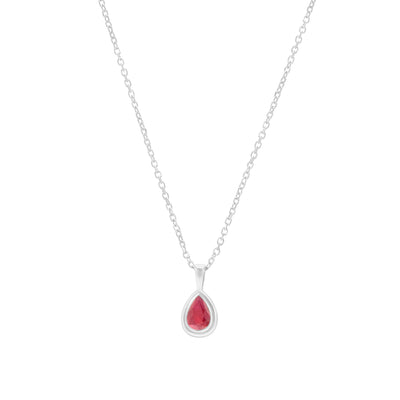 Ruby pear shaped pendant in white gold on cable chain on white background