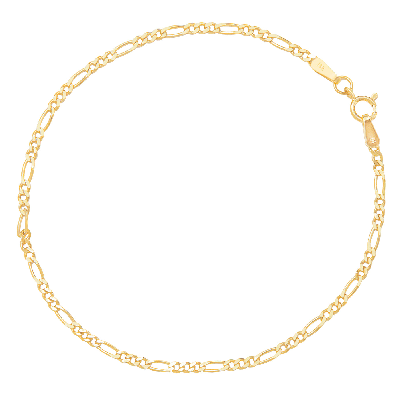 14 Karat Yellow Gold Figaro Chain Bracelet on White Background
