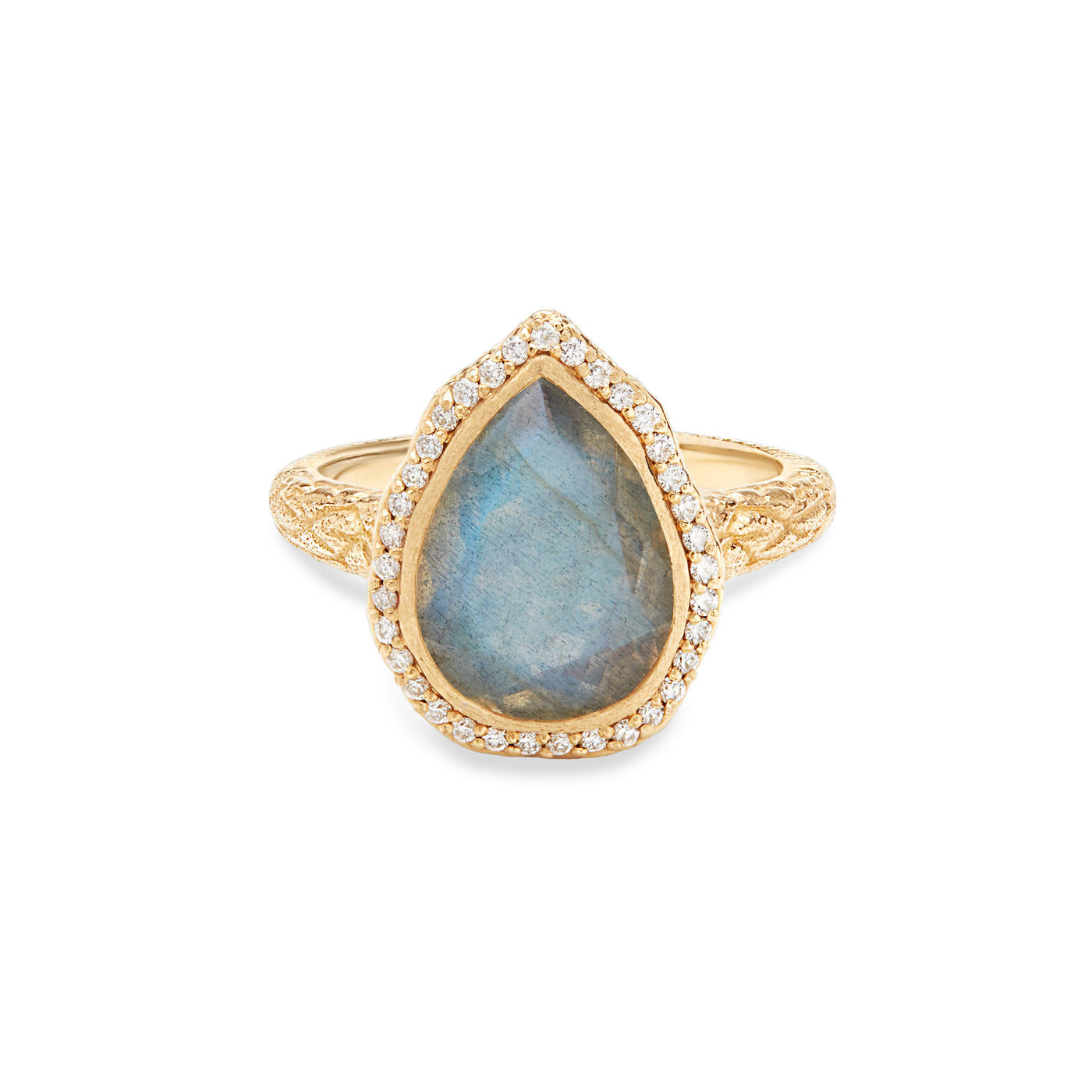 14 Karat Yellow Gold Ring with Pear Shaped Labradorite Stone with Halo of White Diamonds Against White Background