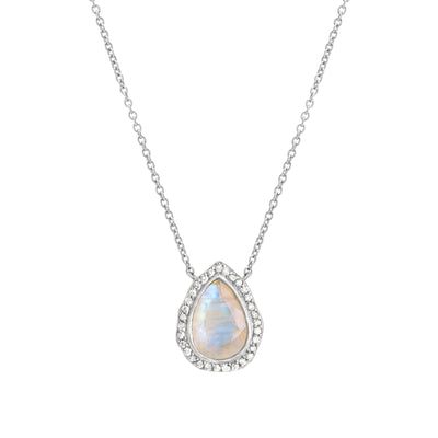 14 Karat White Gold Necklace with Pear Shaped Moonstone Stone with Halo of White Diamonds Against White Background