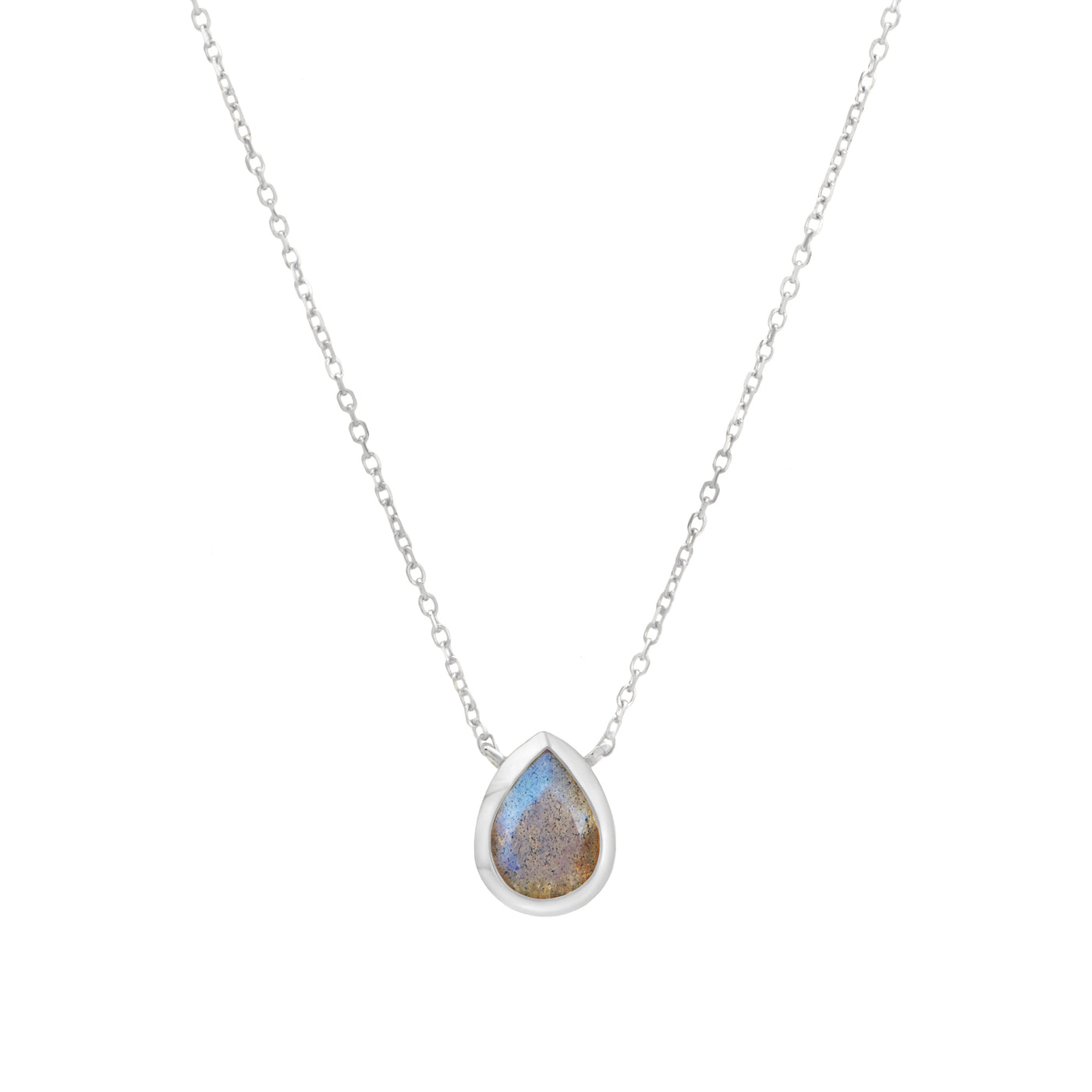 14 Karat White Gold Necklace with Pear Shaped Labradorite Stone Against White Background
