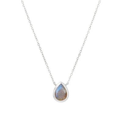 14 Karat White Gold Necklace with Pear Shaped Labradorite Stone Against White Background
