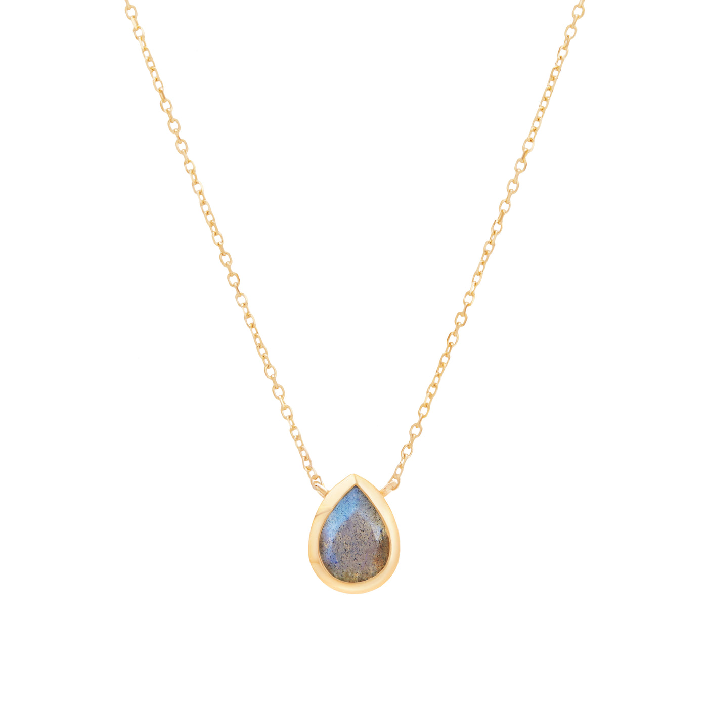 14 Karat Yellow Gold Necklace with Pear Shaped Labradorite Stone Against White Background