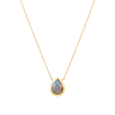 14 Karat Yellow Gold Necklace with Pear Shaped Labradorite Stone Against White Background