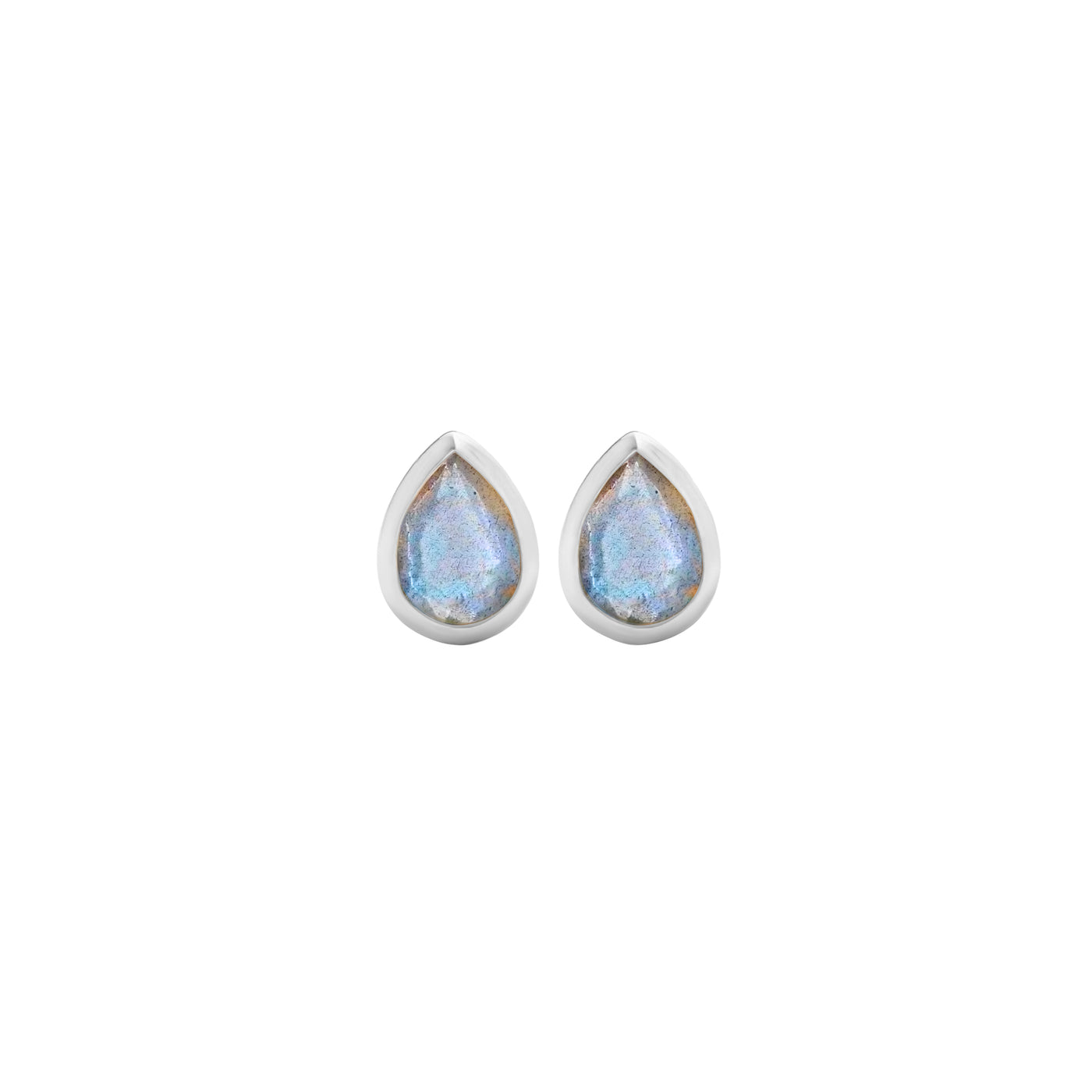 14 Karat White Gold Stud Earrings with Pear Shaped Labradorite Stone Against White Background