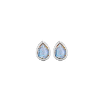14 Karat White Gold Stud Earrings with Pear Shaped Labradorite Stone Against White Background