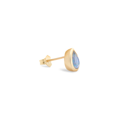 14 Karat Yellow Gold Stud Earring with Pear Shaped Labradorite Stone Against White Background Turned for Side View