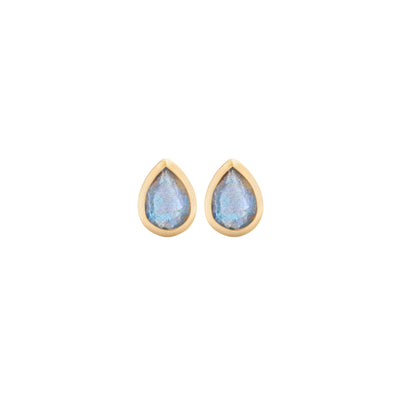 14 Karat Yellow Gold Stud Earrings with Pear Shaped Labradorite Stone Against White Background