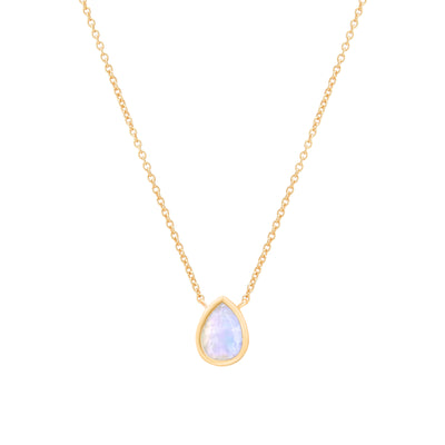 14 Karat Yellow Gold Necklace with Pear Shaped Moonstone Against White Background