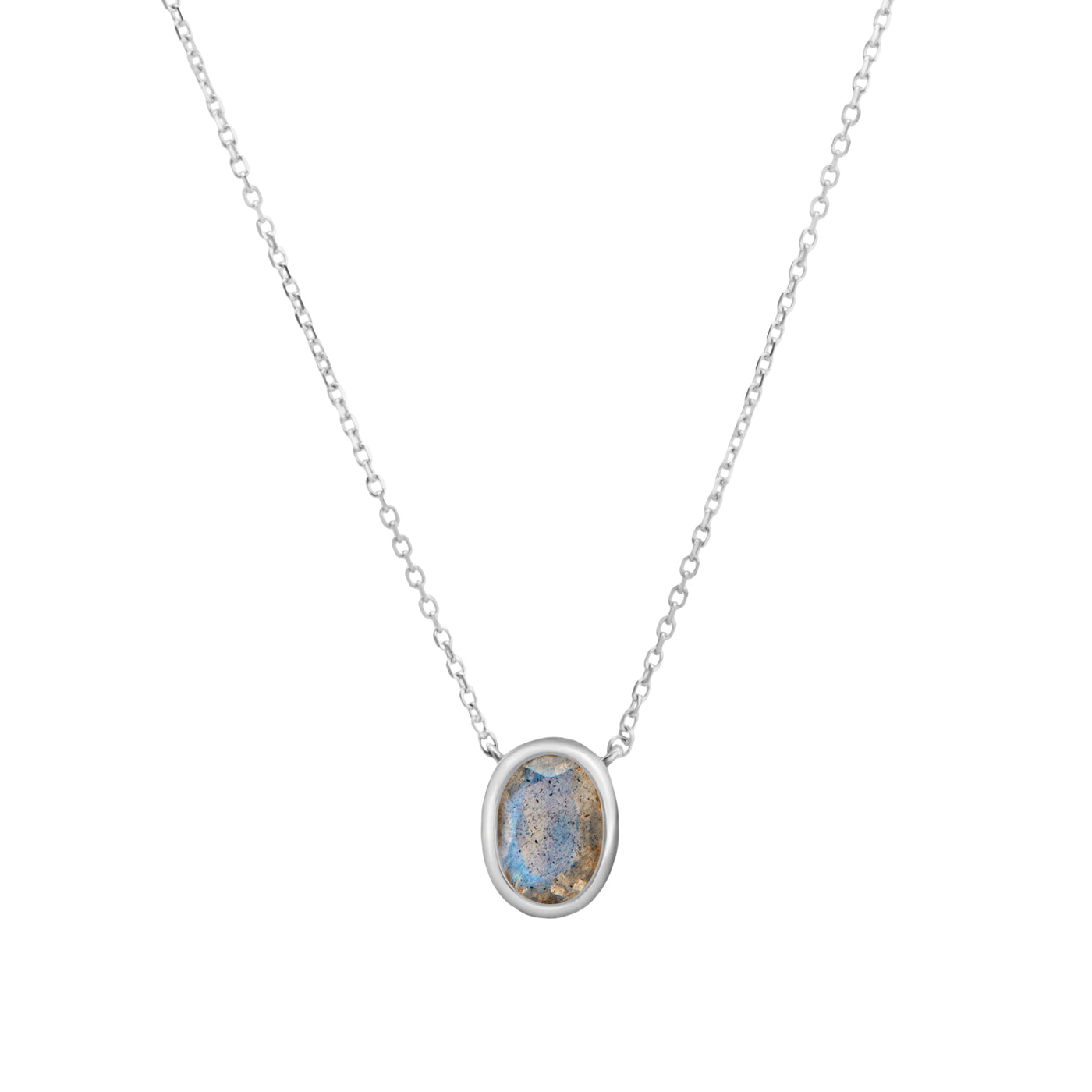  14 Karat White Gold Necklace with Oval Shaped Labradorite Stone Against White Background