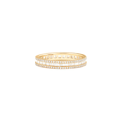 14 Karat Yellow Gold Band features two bordering rows of round diamonds with a center row of tapered baguette diamonds on White Background