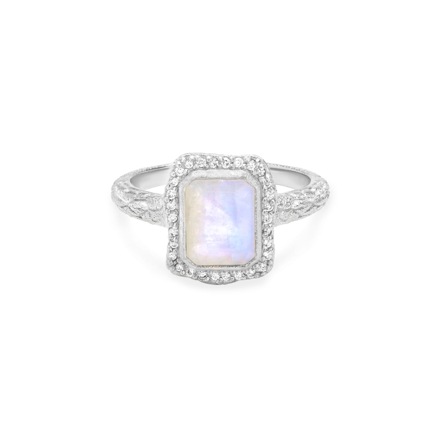 14 Karat White Gold Ring with Rectangle Shaped Moonstone with Halo of White Diamonds Against White Background