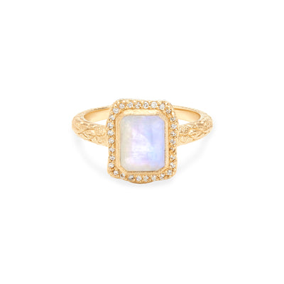 14 Karat Yellow Gold Ring with Rectangle Shaped Moonstone with Halo of White Diamonds Against White Background