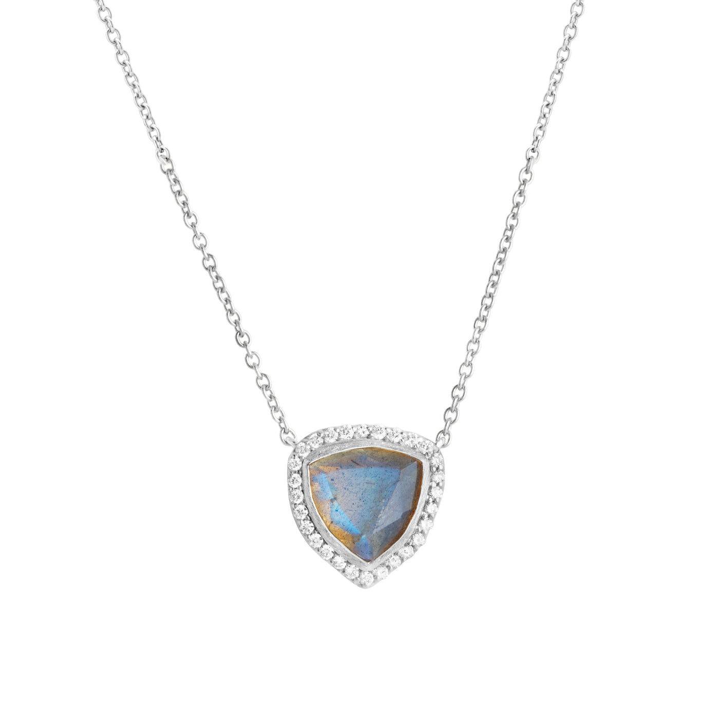 14 Karat White Gold Necklace with Triangle Shaped Labradorite with Halo of White Diamonds Against White Background