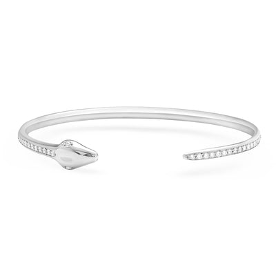 14k Karat White gold snake cuff bracelet with diamonds on white background