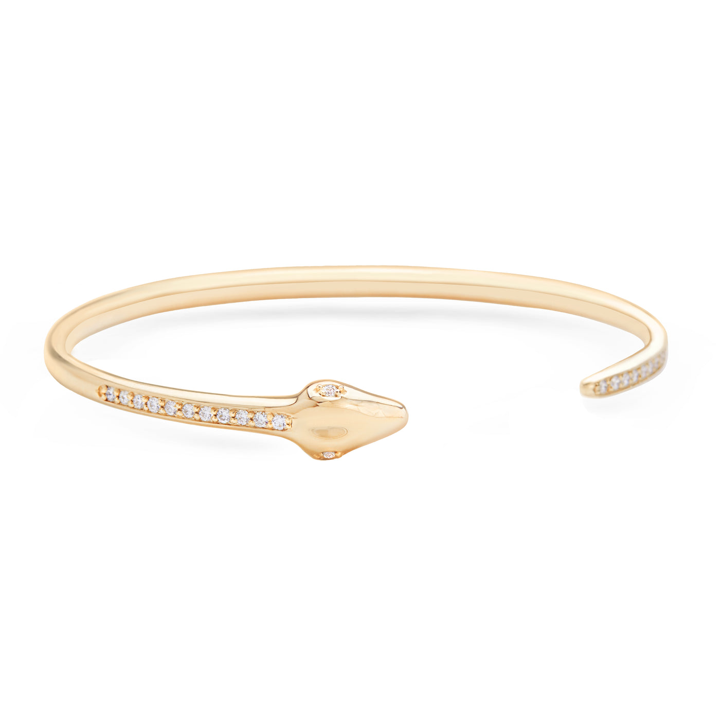 14k Karat yellow gold snake cuff bracelet with diamonds on white background