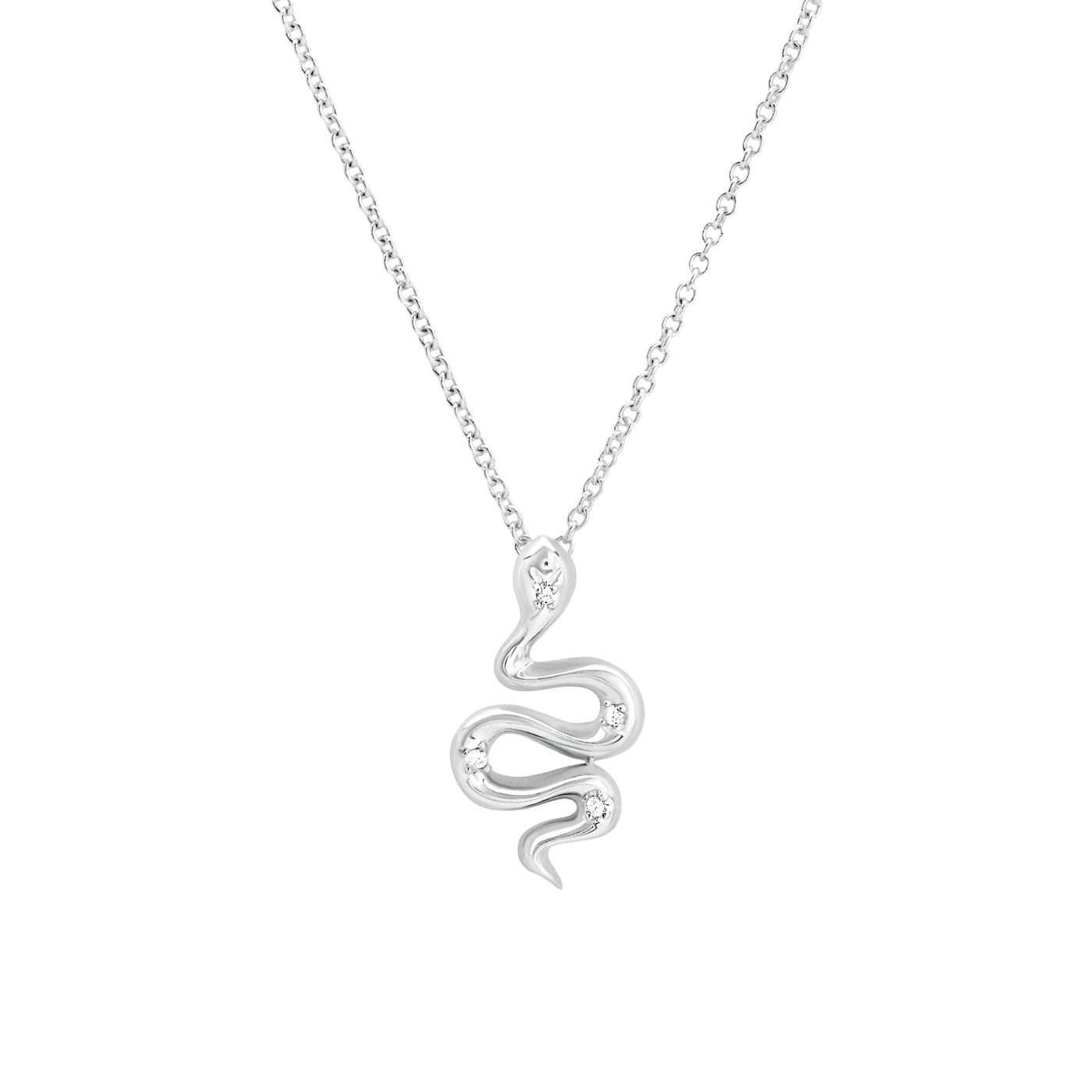 14k Karat white gold snake Necklace with diamonds on white background