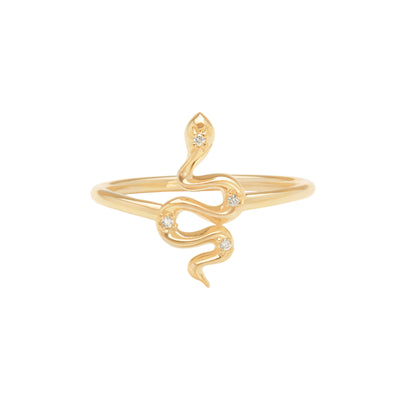 14k Karat yellow gold snake ring with diamonds on white background