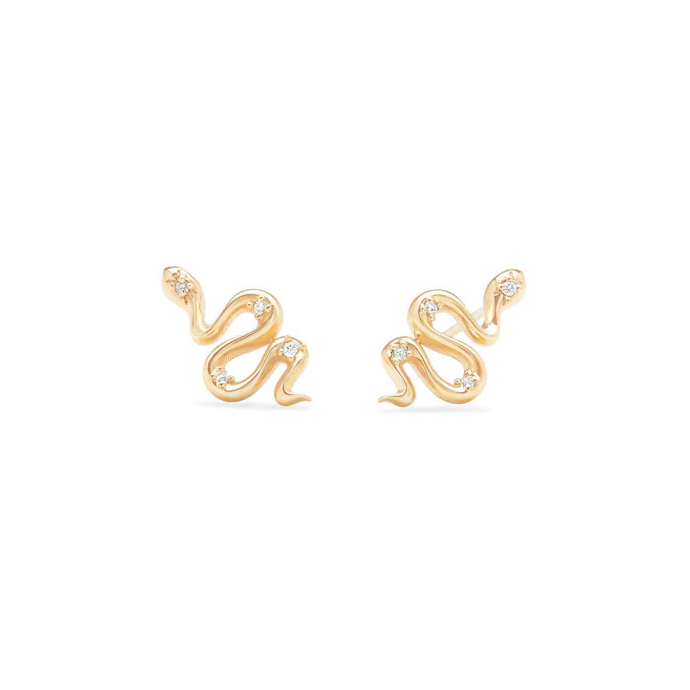 14k Karat yellow gold snake stud earrings with diamonds on white background