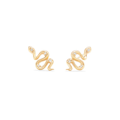 14k Karat yellow gold snake stud earrings with diamonds on white background