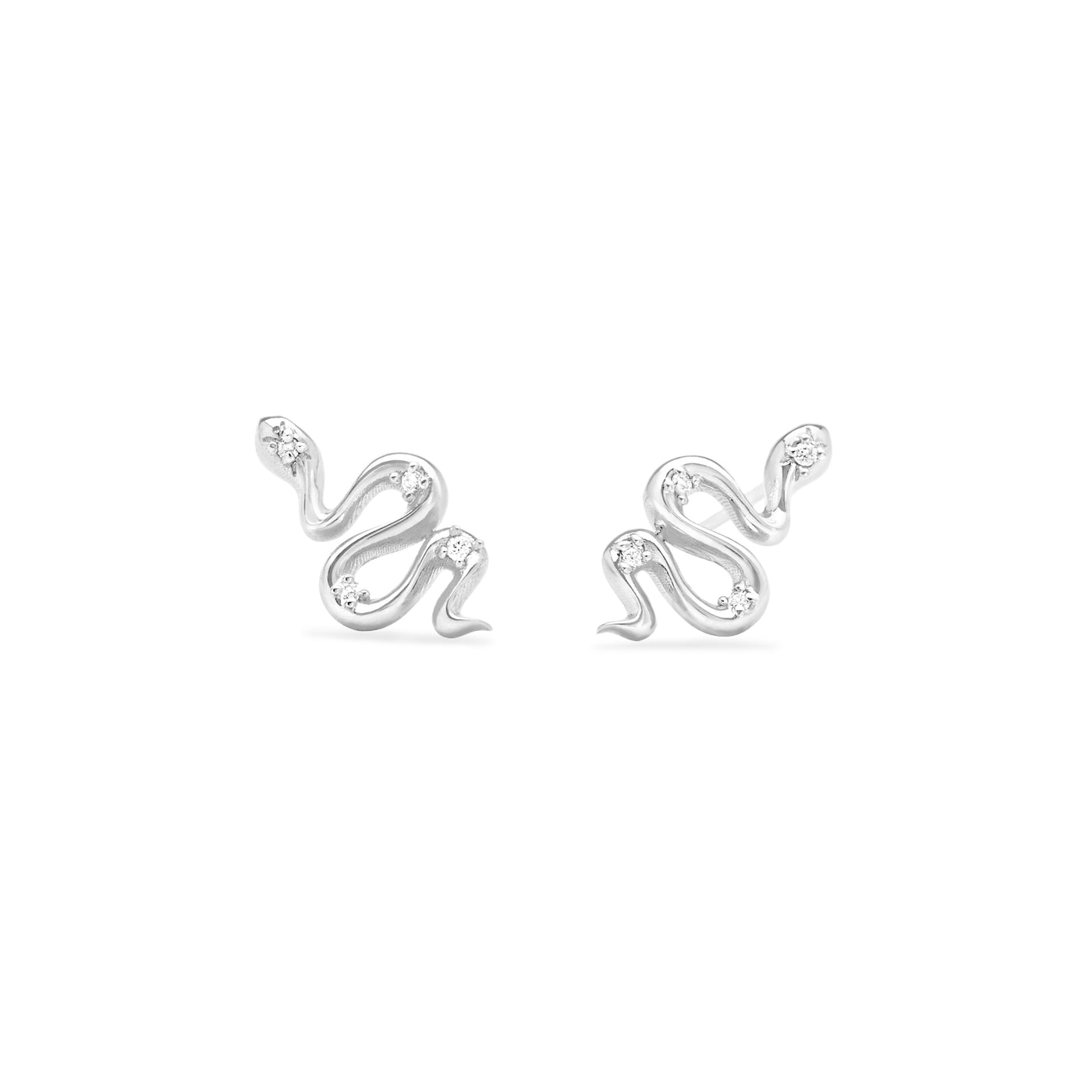 14k Karat white gold snake stud earrings with diamonds on white background
