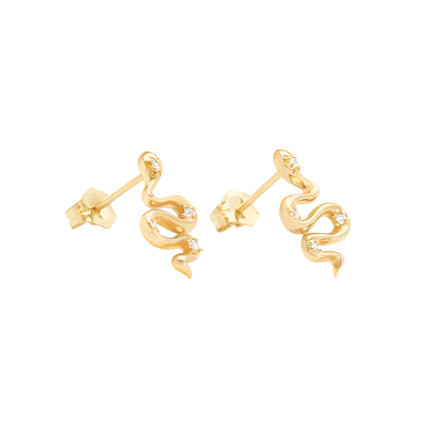 14k Karat yellow gold snake stud earrings with diamonds on white background turned for side view