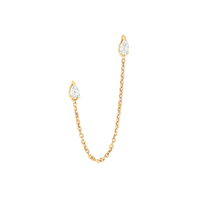 14k Karat yellow gold earrings with chain and pear shape diamonds on white background