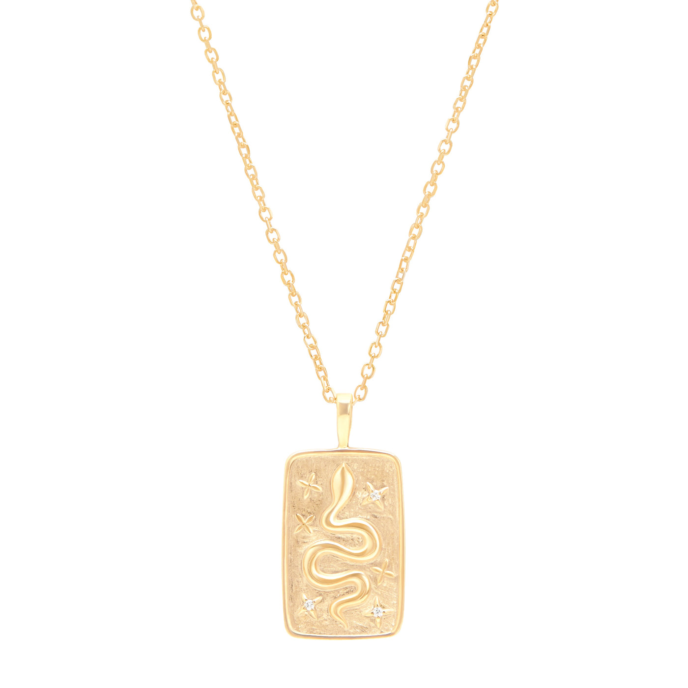 Snake pendant yellow gold on cable chain on white background