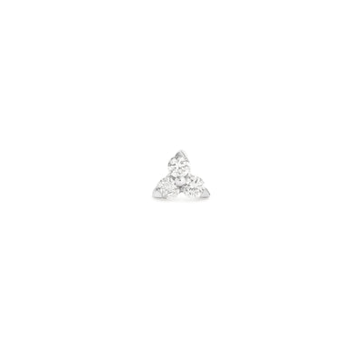 14k Karat white gold triangle shape stud with 3 diamonds on white background