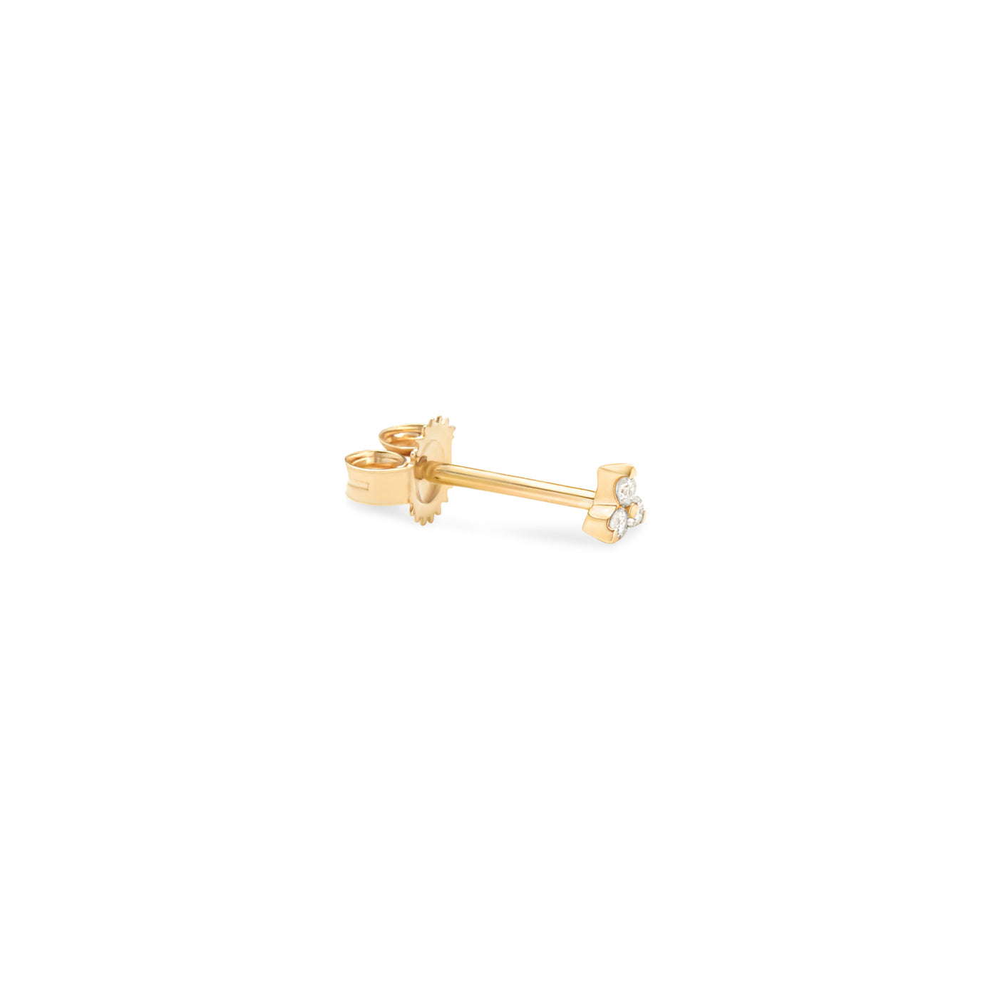 14k Karat yellow gold triangle shape stud with 3 diamonds on white background turned for detail