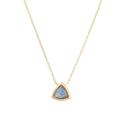 14k Yellow Gold Necklace with Blue Labradorite in Triangle Shape on Chain Necklace with White Background