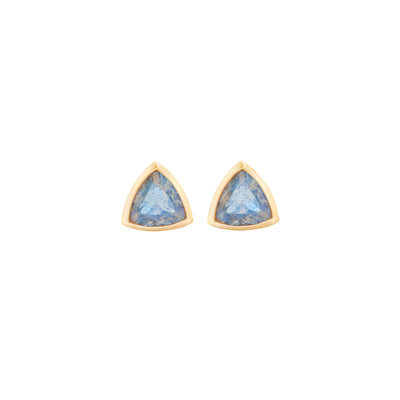 14k Yellow Gold Stud Earrings with Blue Labradorite in Triangle Shape laying Flat on White Background