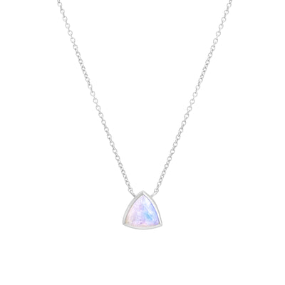 14k White Gold Necklace with Moonstone in Triangle Shape on Chain Necklace with White Background