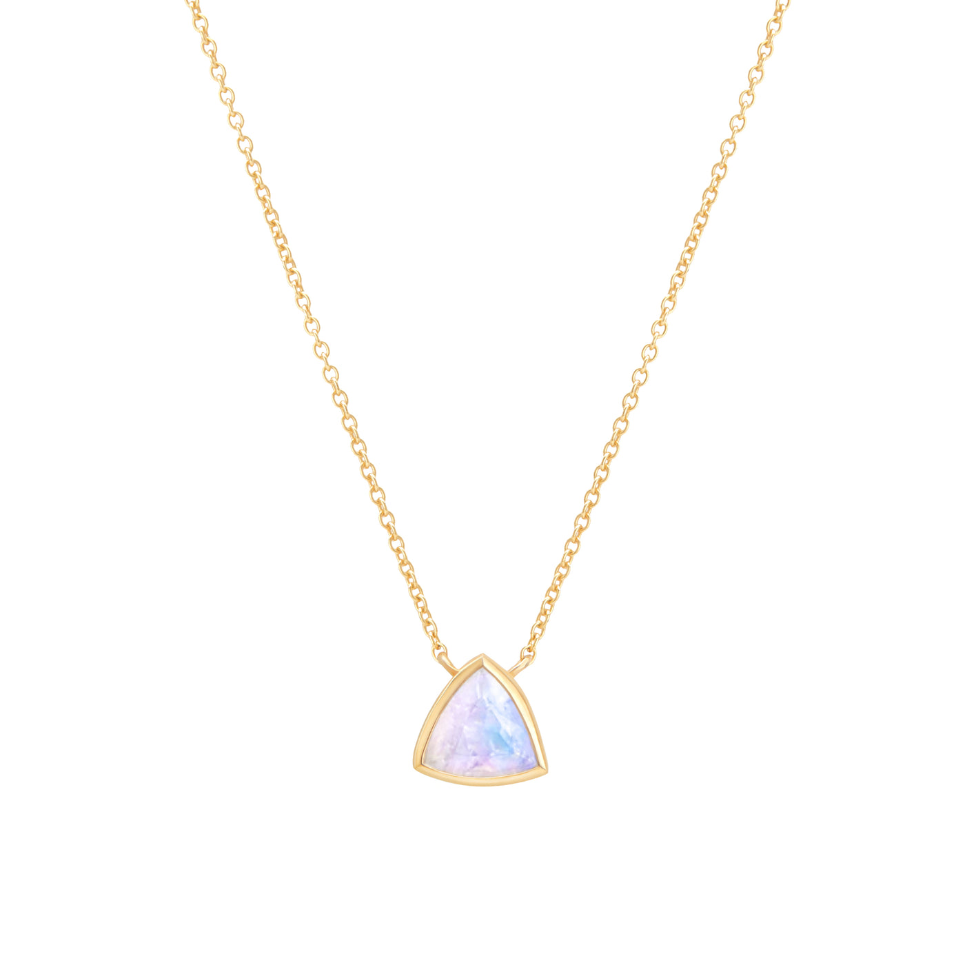 14k Yellow Gold Necklace with Moonstone in Triangle Shape on Chain Necklace with White Background