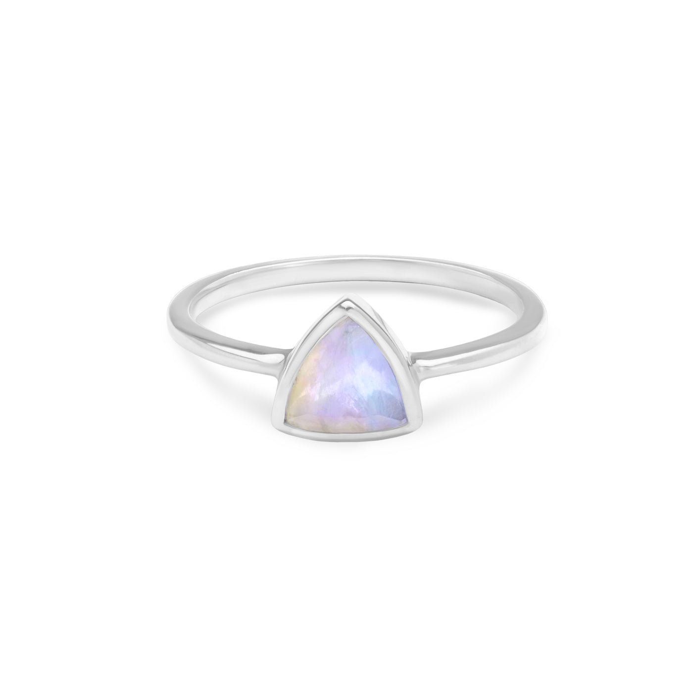 14k White Gold Ring with Moonstone in Triangle Shape laying Flat on White Background