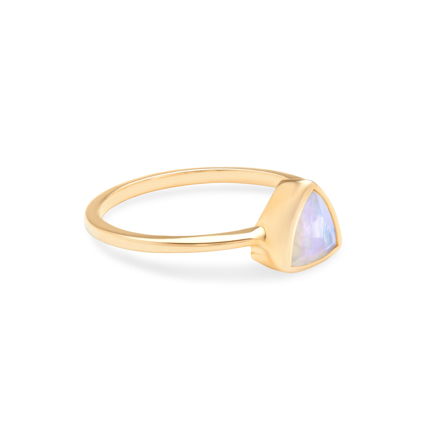 14k Yellow Gold Ring with Moonstone in Triangle Shape laying Flat on White Background Turned For Side View