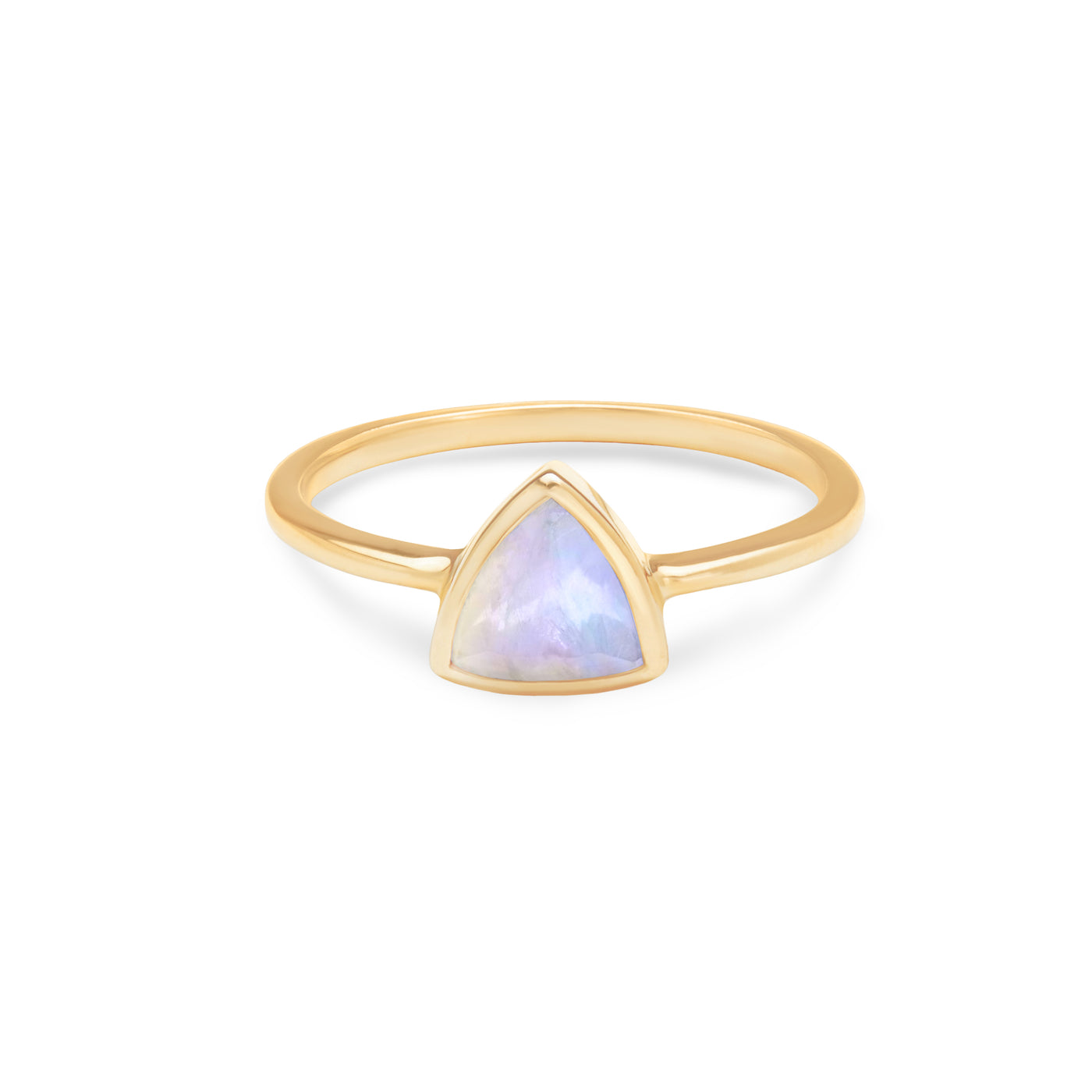 14k Yellow Gold Ring with Moonstone in Triangle Shape laying Flat on White Background