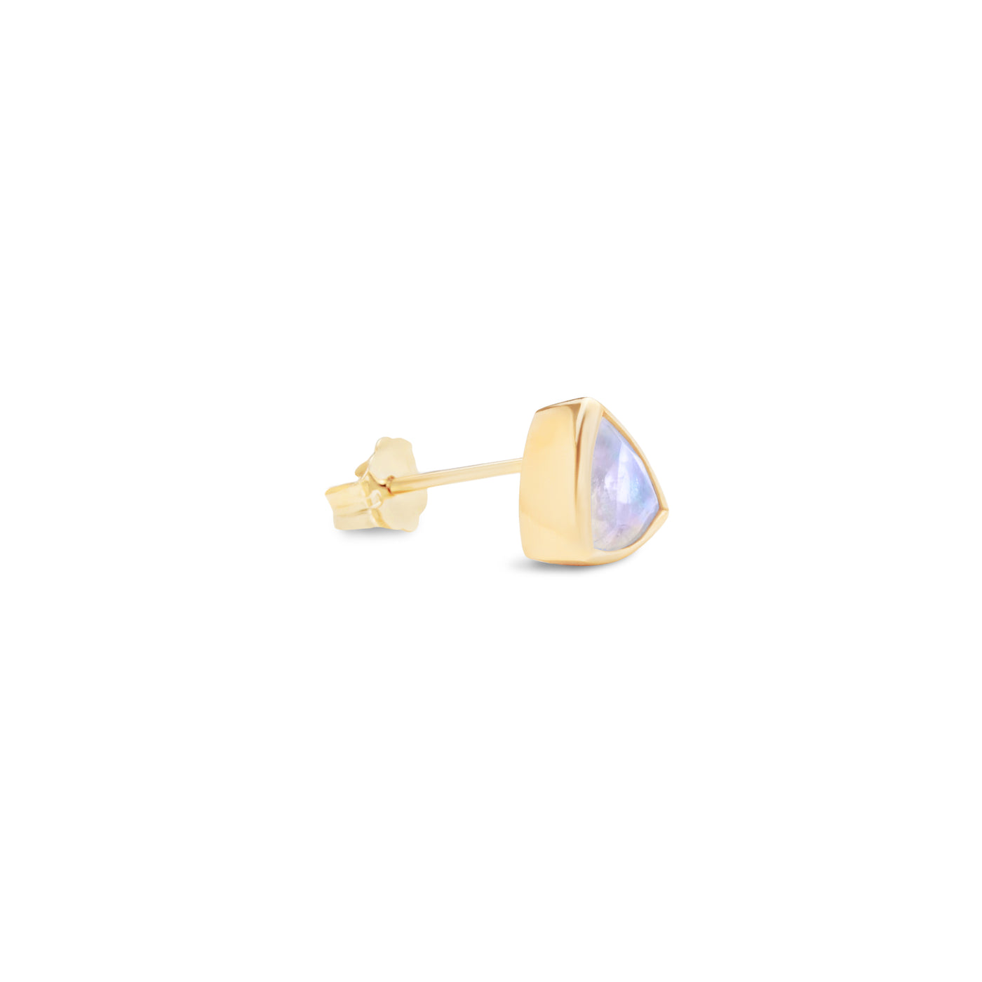 14k Yellow Gold Stud Earring with Moonstone in Triangle Shape laying Flat on White Background Turned for Side View