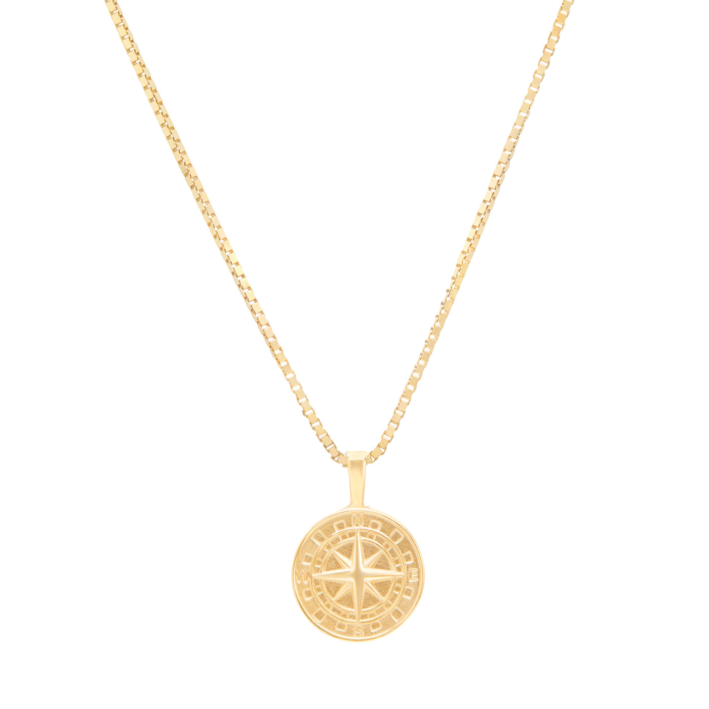 Compass pendant yellow gold on box chain on white background