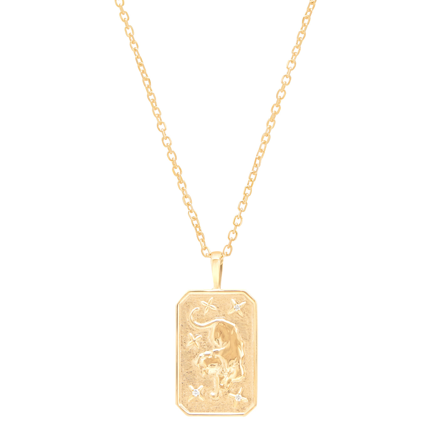 Tiger pendent yellow gold with cable chain on white background with diamond details